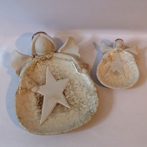 Set of Two Studio Art Pottery Angels with Combo Matte and Shine Glaze